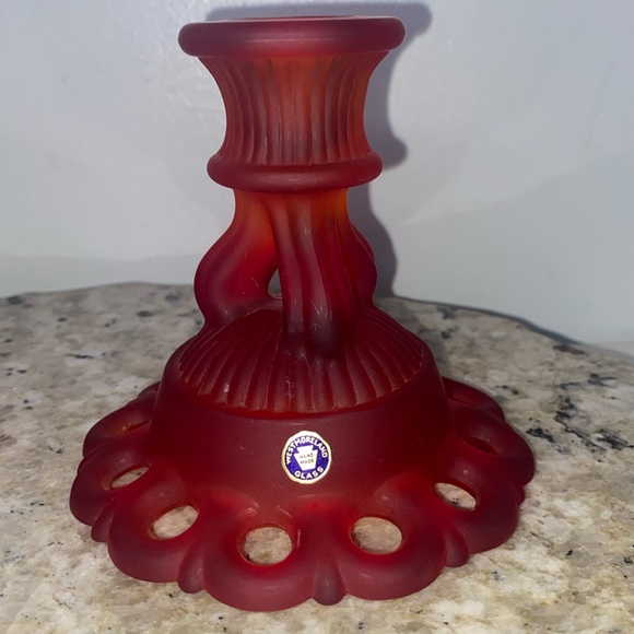 Vintage Westmoreland Handmade Red Glass Satin Mist Doric Lace Candle Holder Pair - Picture 2 of 12
